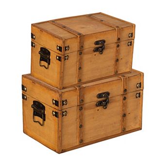 Vintiquewise Farmhouse Antique-Style Wood Treasure Chest with Leather Straps & Front Latch, Set of 2