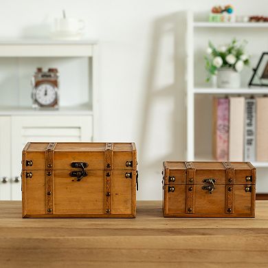 Vintiquewise Farmhouse Antique-Style Wood Treasure Chest with Leather Straps & Front Latch, Set of 2