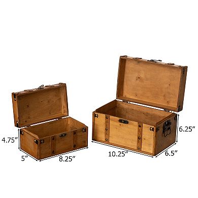 Vintiquewise Farmhouse Antique-Style Wood Treasure Chest with Leather Straps & Front Latch, Set of 2