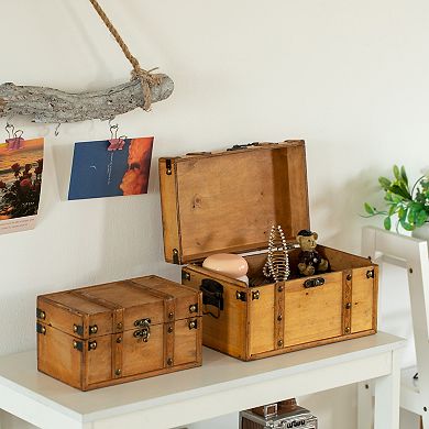 Vintiquewise Farmhouse Antique-Style Wood Treasure Chest with Leather Straps & Front Latch, Set of 2