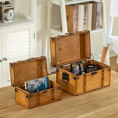 Vintiquewise Farmhouse Antique-Style Wood Treasure Chest with Leather Straps & Front Latch, Set of 2