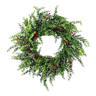 Glitzhome 28 Inch Eucalyptus Wreath for Front Door, Artificial Christmas Wreath with Red Berries