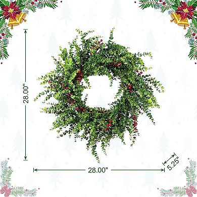 Glitzhome 28 Inch Eucalyptus Wreath for Front Door, Artificial Christmas Wreath with Red Berries