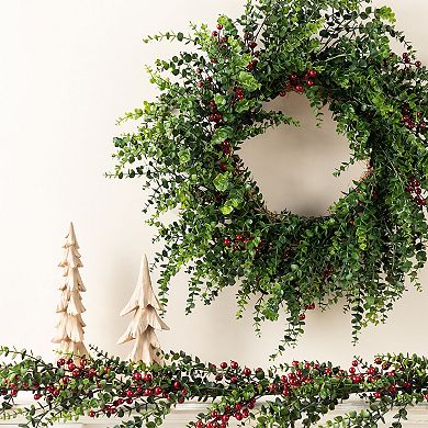 Glitzhome 28 Inch Eucalyptus Wreath for Front Door, Artificial Christmas Wreath with Red Berries