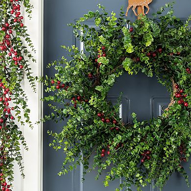 Glitzhome 28 Inch Eucalyptus Wreath for Front Door, Artificial Christmas Wreath with Red Berries