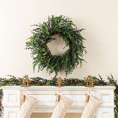 Glitzhome 28 Inch Eucalyptus Wreath for Front Door, Artificial Christmas Wreath with Red Berries