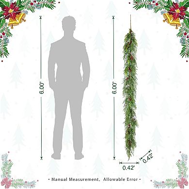 Glitzhome Set of 2 Christmas Garland - 6ft Greenery PE Dripping Cedar Garland with Red Berries