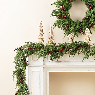 Glitzhome Set of 2 Christmas Garland - 6ft Greenery PE Dripping Cedar Garland with Red Berries