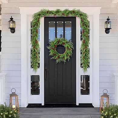 Glitzhome Set of 2 Christmas Garland - 6ft Greenery PE Dripping Cedar Garland with Red Berries