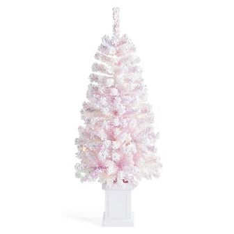 Glitzhome 4ft Pre-Lit Flocked Pink Artificial Christmas Porch Tree