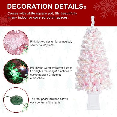 Glitzhome 4ft Pre-Lit Flocked Pink Artificial Christmas Porch Tree