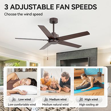 52 in Ceiling fan without light, 5 plywood blades, 3-speed AC motor, 5/10" downrods, pull chain