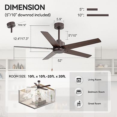 52 in Ceiling fan without light, 5 plywood blades, 3-speed AC motor, 5/10" downrods, pull chain