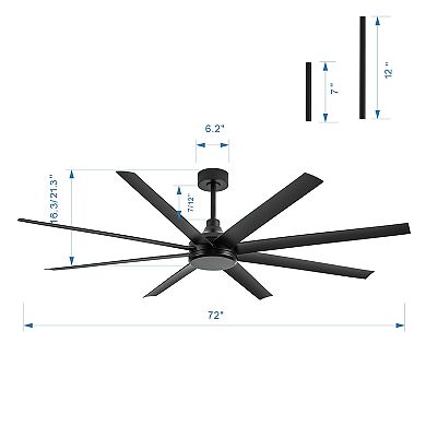 72 Inch modern no-light fan, 8 ABS blades, 7&12" downrods, 6-speed DC motor, remote