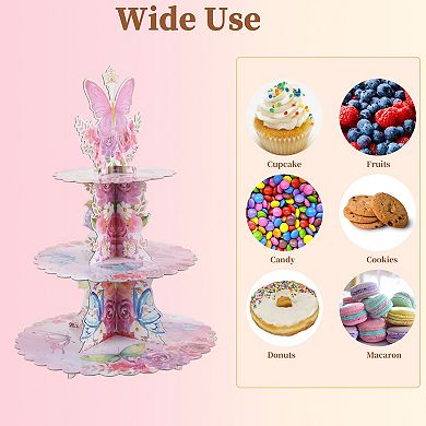 Cupcake Stand, 3-Tier Butterfly Pattern Cupcake Stand Tower, Cardboard Dessert Cup Cake Stand Tower
