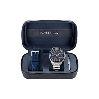 Nautica Ocean Beach Men's Chronograph Nautical Flag Dial Stainless Steel Bracelet & Silicone Strap Watch Set - NAPOBF122