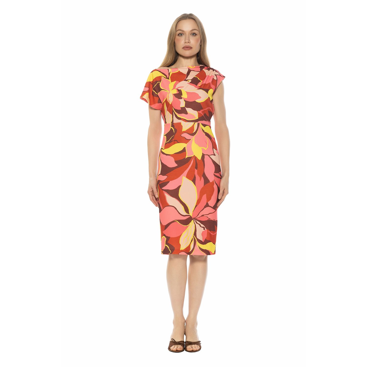 Женское платье Alexia Admor Asymmetrical Draped Midi Sheath, цвет: Розовый разноцветный — фото 1