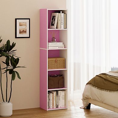 Furinno 9" x 12" x 52" Storage Shelf 5 Tier Cube Bookcase, White & Pink