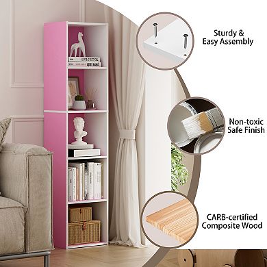 Furinno 9" x 12" x 52" Storage Shelf 5 Tier Cube Bookcase, White & Pink