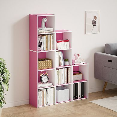 Furinno 9" x 12" x 52" Storage Shelf 5 Tier Cube Bookcase, White & Pink