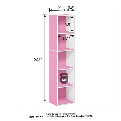 Furinno 9" x 12" x 52" Storage Shelf 5 Tier Cube Bookcase, White & Pink