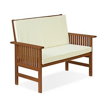 Furinno Patio Outdoor Bench with Cushion Treated with Teak Oil, Full Back Cushion