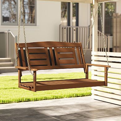 Furinno 2-Seater Hanging Outdoor Porch Swing with Chains, Meranti Hardwood, Teak-Oil Finished