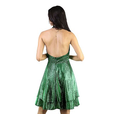 Artyska Women’s Glitter Halter V-Neck Sleeveless Backless Party Dress