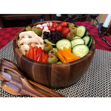 Kalmar Home Solid Acacia Wood 12" Dia x 5" Convex Salad Bowl with 12" Fork & Spoon
