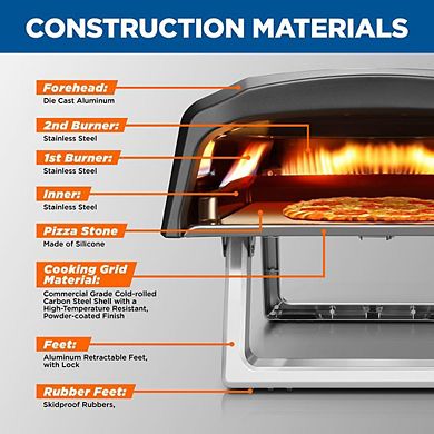 NutriChef Portable Outdoor Pizza Oven - Gas-Fired Fire & Stone Pizza Oven with Foldable Feet