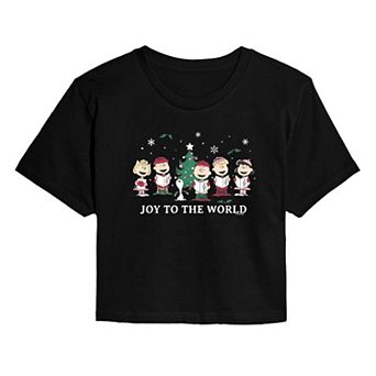 Juniors' Peanuts Group Joy To The World Cropped Tee