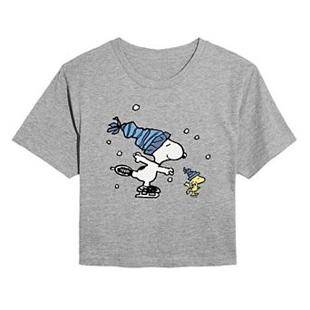 Juniors' Peanuts Snoopy & Woodstock Cropped Tee