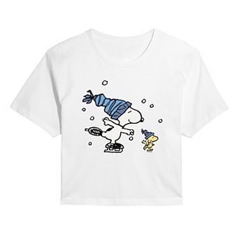 Juniors' Peanuts Snoopy & Woodstock Cropped Tee