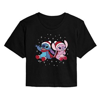 Juniors' Disney's Lilo & Stitch Snowflakes Cropped Tee