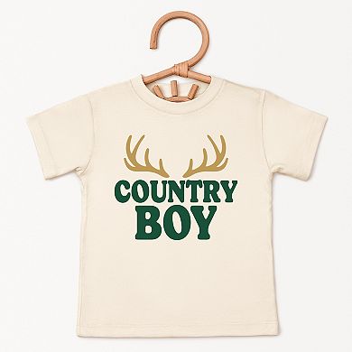 Country Boy Antlers Puff Print - Toddler Short Sleeve Graphic T-Shirt