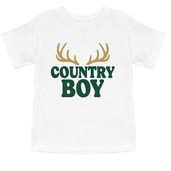 Country Boy Antlers Puff Print - Toddler Short Sleeve Graphic T-Shirt