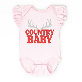 Country Baby Antlers Puff Print - Baby Flutter Sleeve Bodysuit