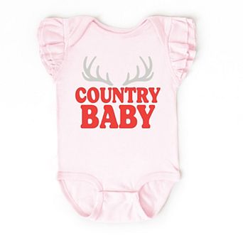 Country Baby Antlers Puff Print - Baby Flutter Sleeve Bodysuit
