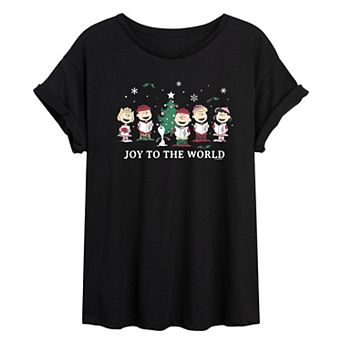 Juniors' Peanuts Group Joy To The World Oversized Tee