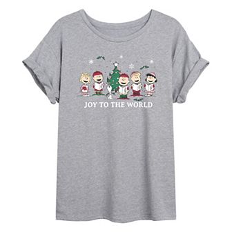 Juniors' Peanuts Group Joy To The World Oversized Tee
