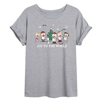 Juniors' Peanuts Group Joy To The World Oversized Tee