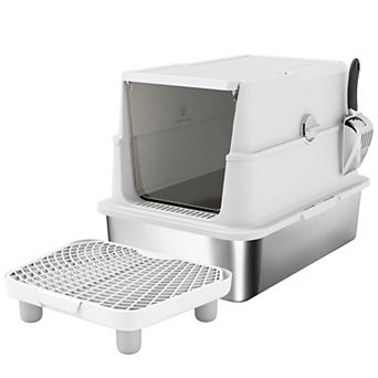 PawHut XL Stainless Steel Cat Litter Box for Big Cats with Flip Cover