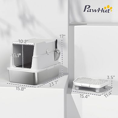 PawHut XL Stainless Steel Cat Litter Box for Big Cats with Flip Cover