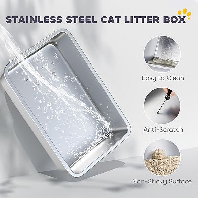 PawHut XL Stainless Steel Cat Litter Box for Big Cats with Flip Cover