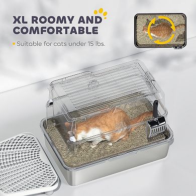 PawHut XL Stainless Steel Cat Litter Box for Big Cats with Flip Cover