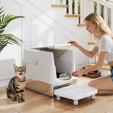 PawHut XL Stainless Steel Cat Litter Box for Big Cats with Flip Cover