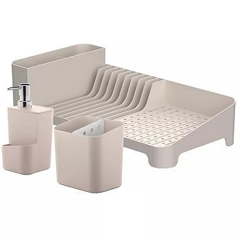 OU Kitchen Sink Organizer Set 3 pc Dish Rack, Cutlery Drainer & Soap Dispenser with Sponge Holder