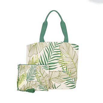 Mina Victory Beach Handbag Tote Palm Leaf 22" x 15" x 6" Green with Matching Clutch
