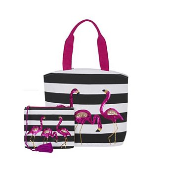 Mina Victory Beach Handbag Tote Stripe Flamingos 22" x 15" x 6" Black White with Matching Clutch