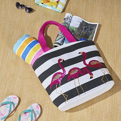 Mina Victory Beach Handbag Tote Stripe Flamingos 22" x 15" x 6" Black White with Matching Clutch
